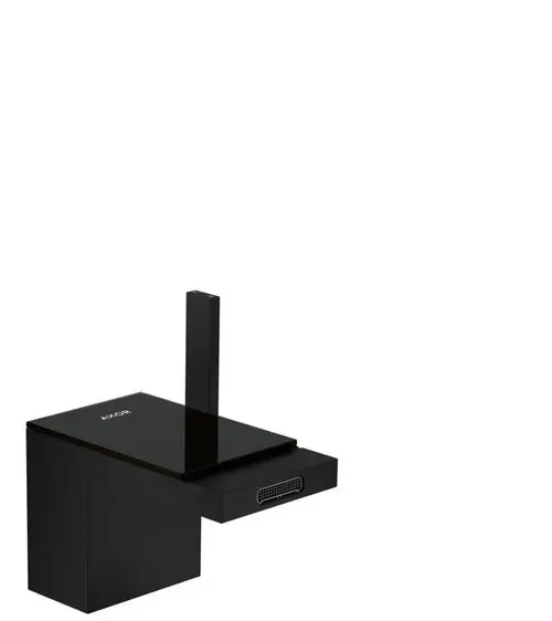 AXOR Bidetmischer in mattschwarz mit einem langen Bedienhebel und einem integrierten Push-Open Ablauf. Flache Oberfläche aus schwarzem Glas.
